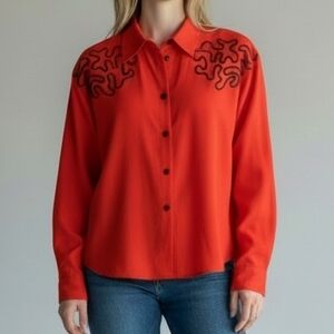 3/$30 Vtg AVON 1970s Swirl Ribbon Long Sleeve Button Down Tomato Red Shirt